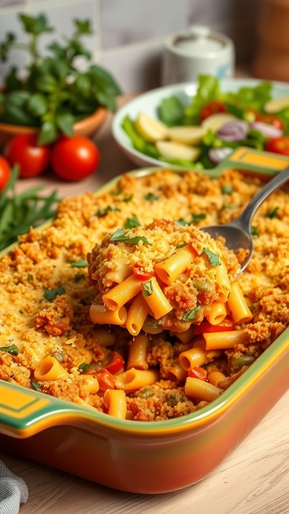 A hearty non-stick casserole with pasta, meat, vegetables, and cheese, served in a ceramic dish.